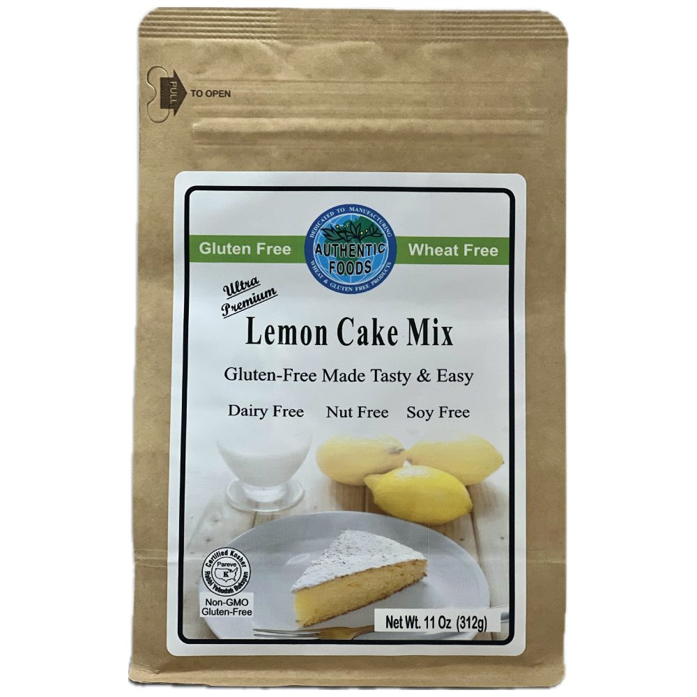 A 11 oz bag of Authentic Foods Lemon Cake Mix in a brown kraft paper stand-up pouch with a white and green front label.