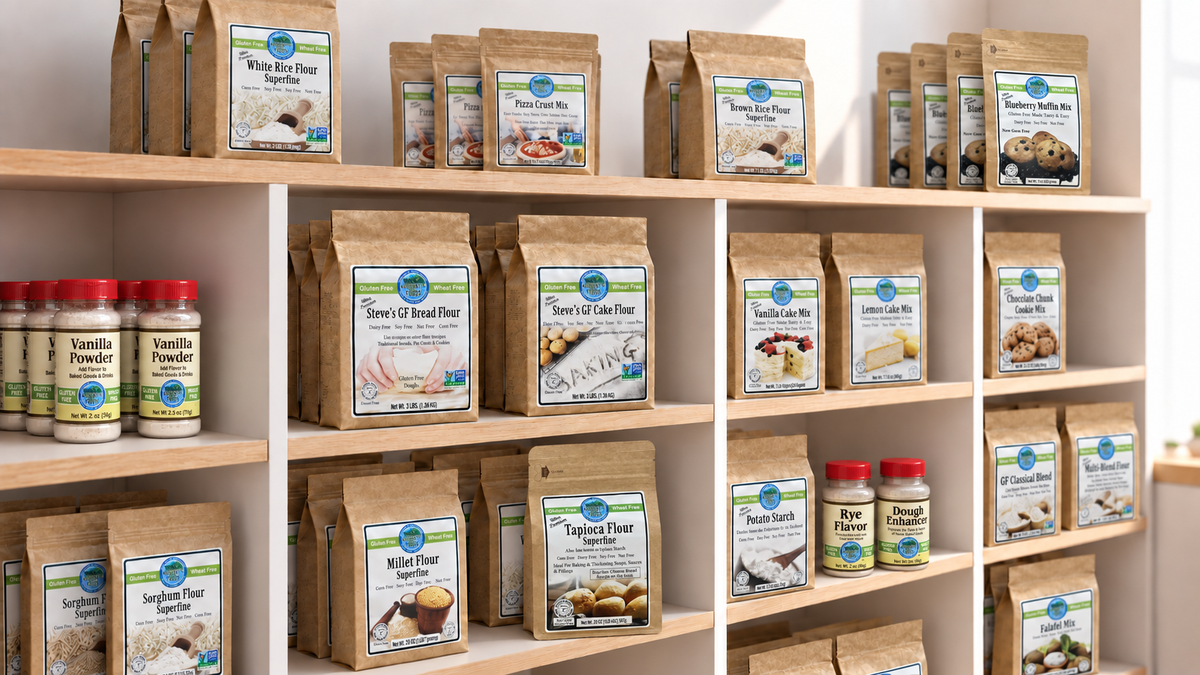 Authentic Foods flours, baking mixes and baking essentials arranged on supermarket shelves, with Steve’s Bread and Cake Flour featured.