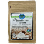 A 1.25 lb bag of Authentic Foods Brown Rice Flour Superfine, in a brown kraft paper bag with a large white and green label, on a white background.
