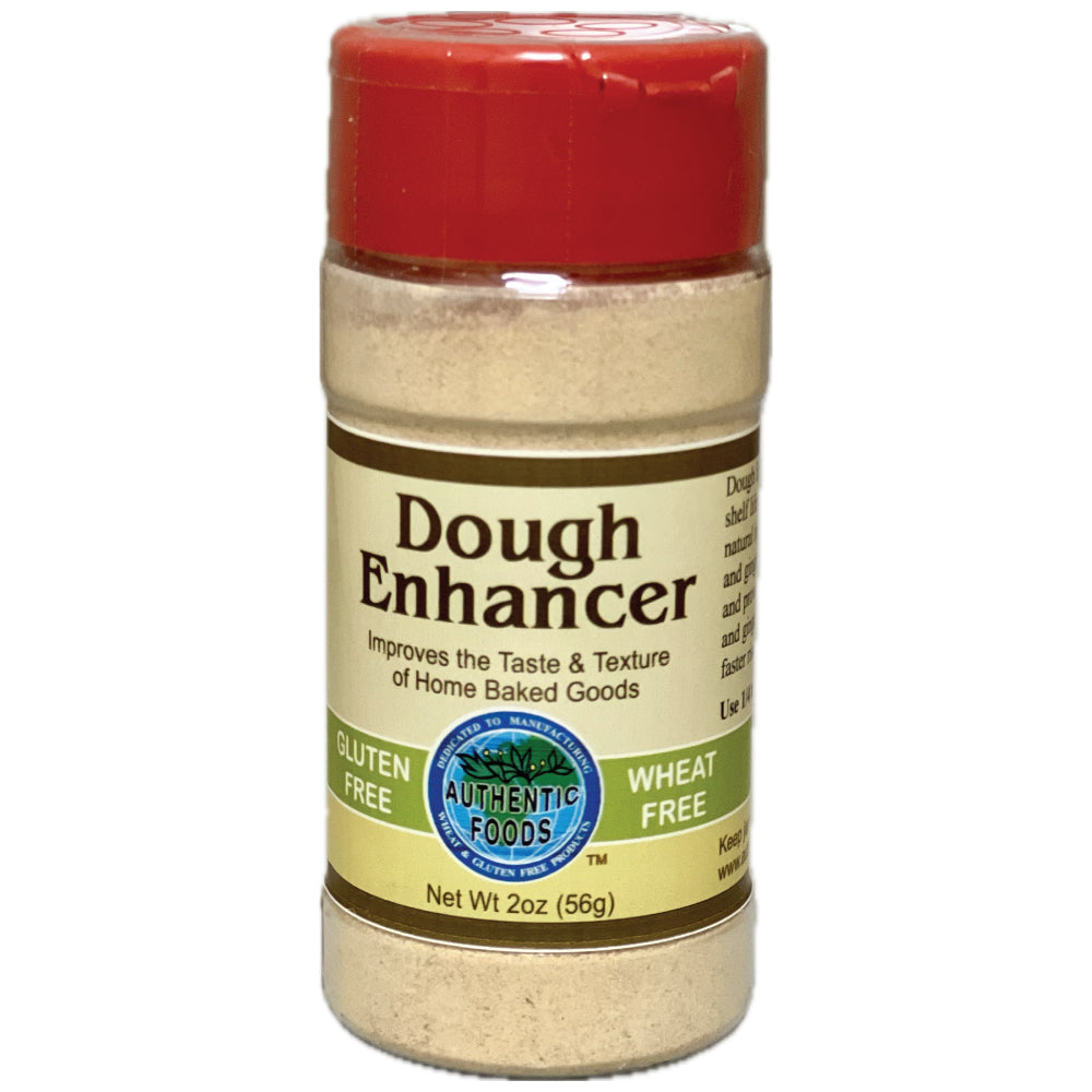 A 2 oz plastic bottle of Authentic Foods Dough Enhancer with a red cap and a beige label, isolated on a white background.