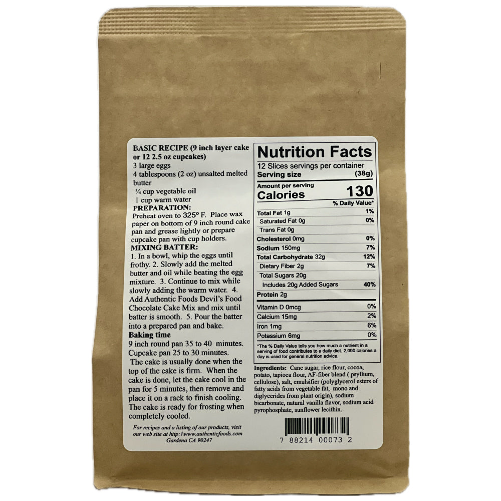 The back of a kraft paper bag of the Authentic Foods Devil Chocolate Cake Mix. It showis a large white printed nutrition facts label and recipe text for the chocolate cake.