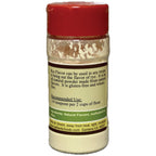 A clear plastic spice jar filled with a light beige powder, featuring a textured red lid and a white label with brown and green text detailing its use for rye flavoring.