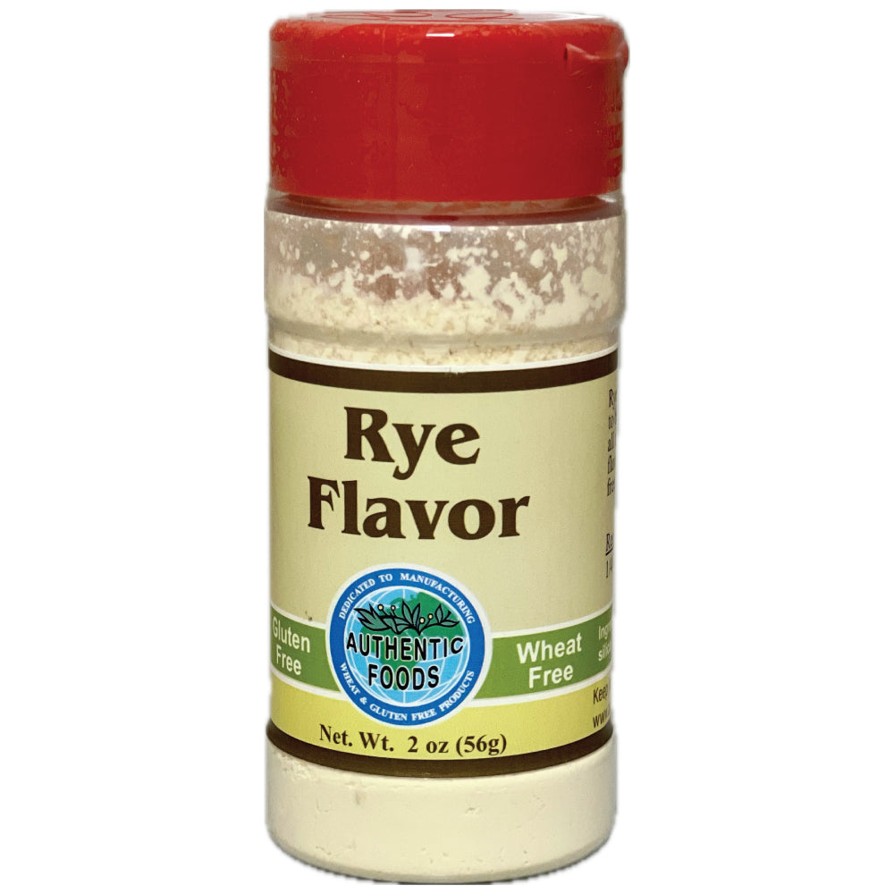 A 2 oz plastic spice jar with a red cap and a cream-colored label reading 'Rye Flavor' and 'Wheat Free' on a white background.