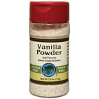 A 2.5 oz plastic bottle of Authentic Foods Vanilla Powder with a red flip-top lid and a beige label, shown on a plain white background.