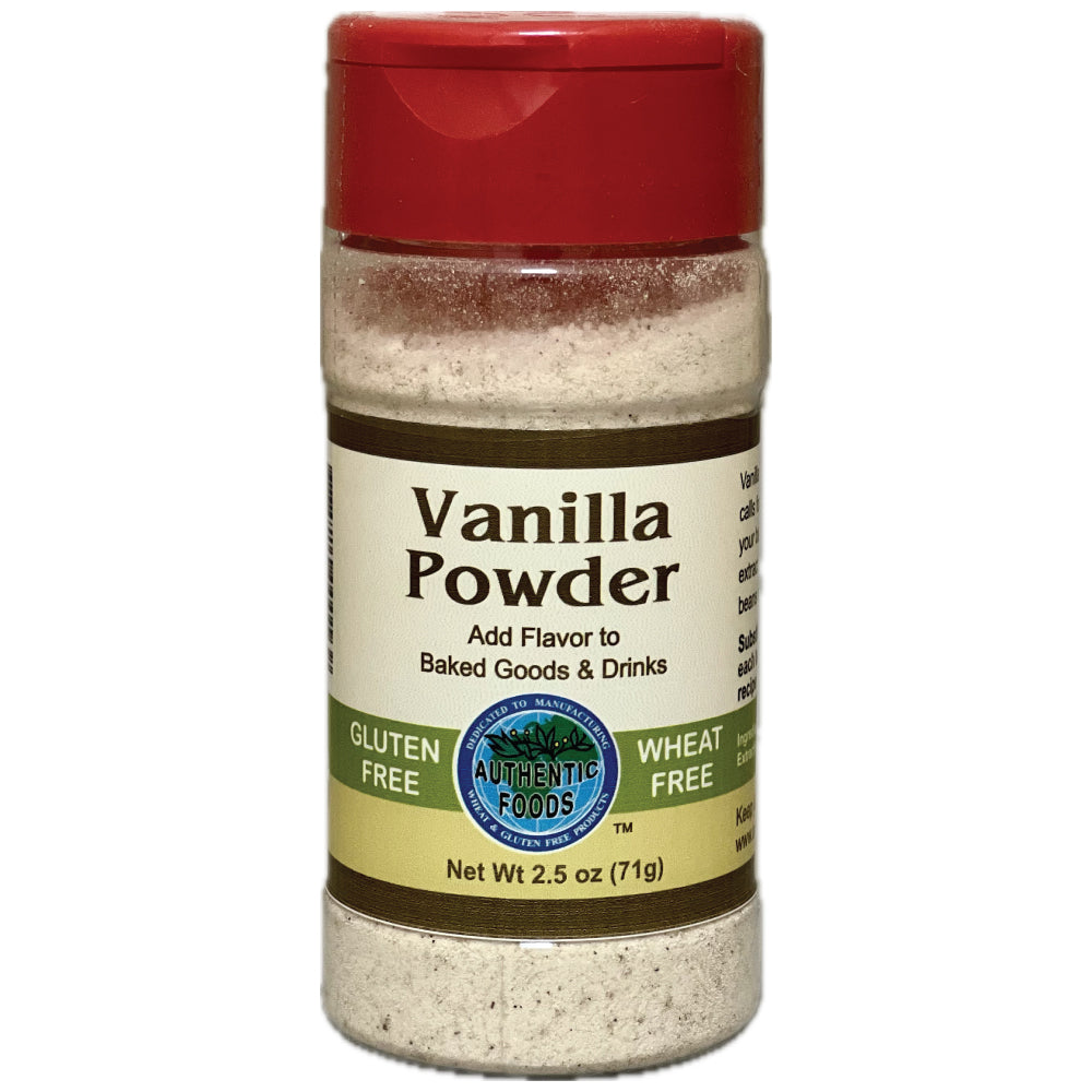 A 2.5 oz plastic bottle of Authentic Foods Vanilla Powder with a red flip-top lid and a beige label, shown on a plain white background.