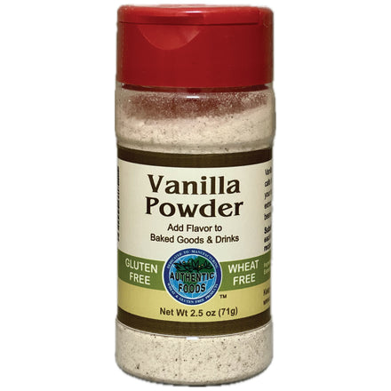 A 2.5 oz plastic bottle of Authentic Foods Vanilla Powder with a red flip-top lid and a beige label, shown on a plain white background.