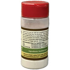 A plastic bottle of Xanthan Gum with a red cap and a white label showing usage instructions and ingredients, isolated on a white background.